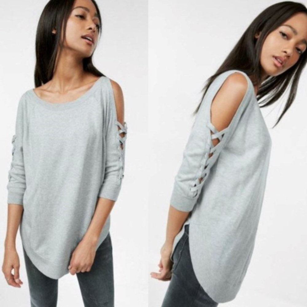 Express Marled Gray Lace-Up Cold-Shoulder Bateau-Neck Circle Hem Sweater XS-XXS